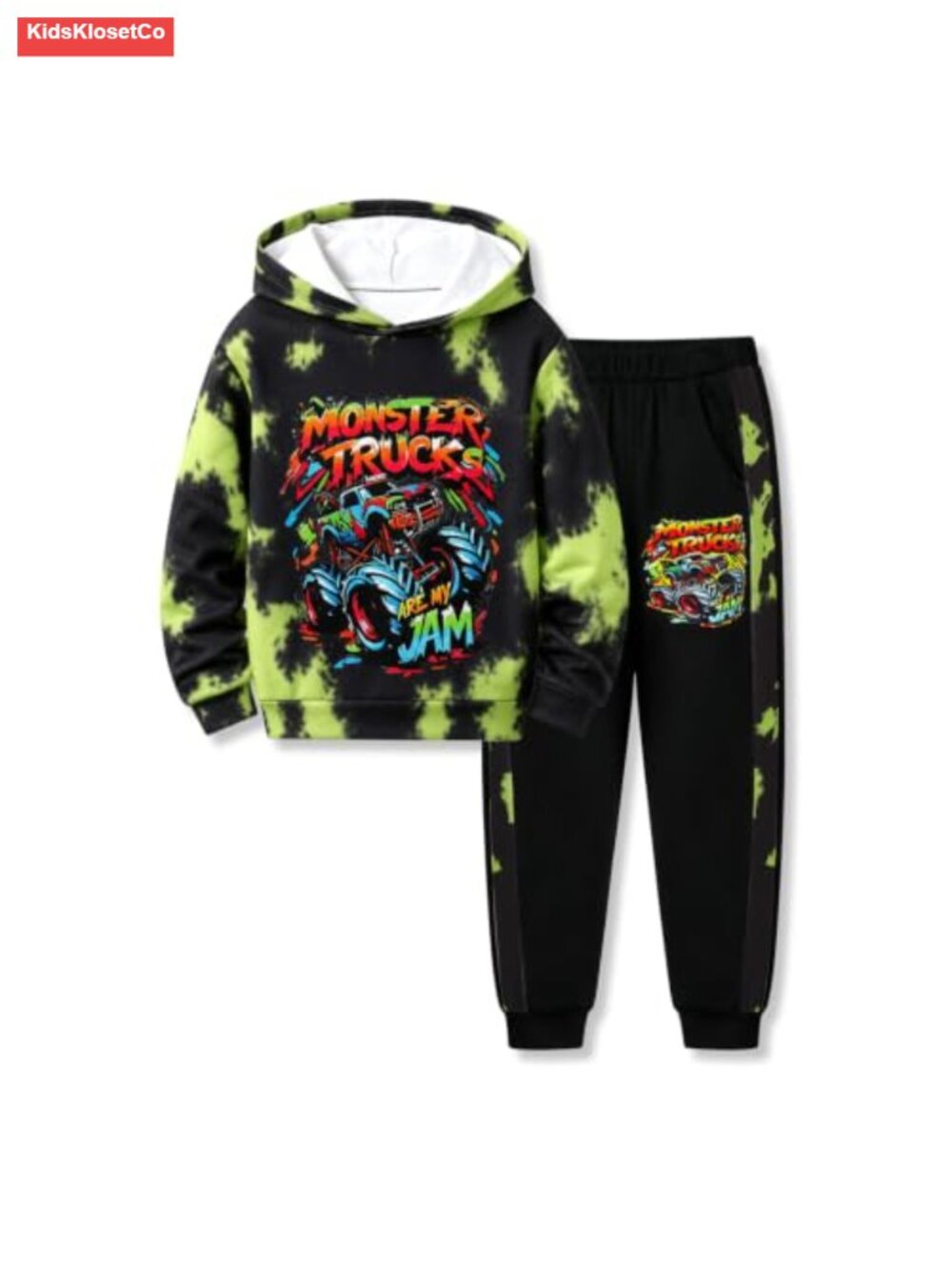 Boys 2-Piece Tie-Dye Hoodie & Pants Set 3D Car Print Cotton Blend Fall Winter
